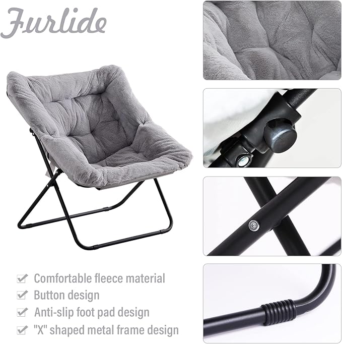 Saucer Chair with Ottoman, Oversized Foldable Faux Fur Chair, X-Large Soft Dorm Chair, Patio, Study, Playroom (Grey)