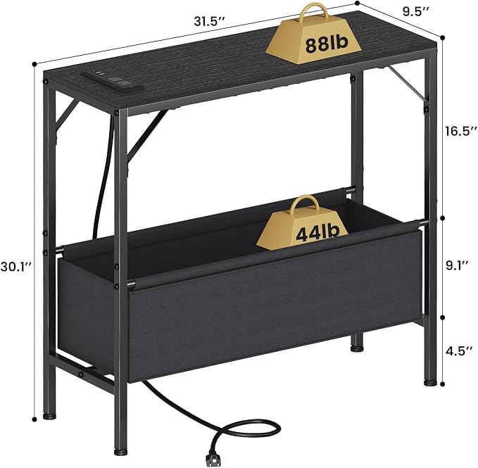 Skinny Console Table with Charging Station and Storage Basket, 31.5'' Couch Table Behind Sofa, Small Entryway Table, Narrow Sofa Table for Hallway, Foyer, Living Room, Black