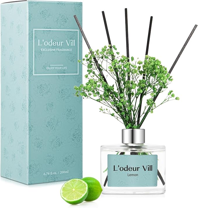 L'OEUR Vill Reed Diffuser Set - 6.7 oz (200ml) Lemon Scented Home Fragrance with 6 Oil Diffuser Sticks for Large Rooms & Bathrooms