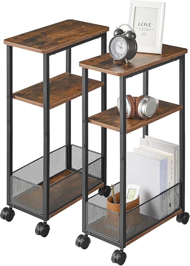 Side Table with Wheels of 2, Narrow Side Table with 3-Layer Storage Shelves, Slim Nightstand, Metal Frame, for Small Spaces, Living Room, Bedroom, 7.9" W x 15.7" D x 25.2" H, Rustic Brown