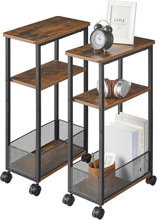 Side Table with Wheels of 2, Narrow Side Table with 3-Layer Storage Shelves, Slim Nightstand, Metal Frame, for Small Spaces, Living Room, Bedroom, 7.9" W x 15.7" D x 25.2" H, Rustic Brown