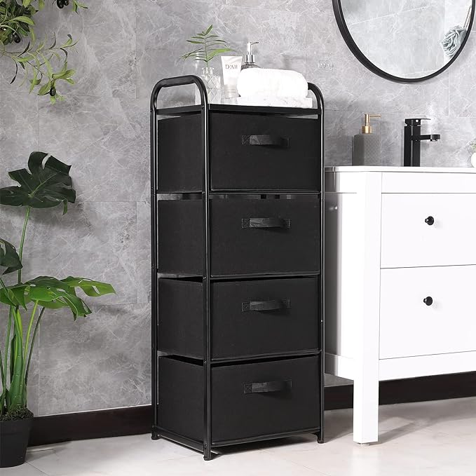 MAX Houser 4 Drawer Fabric Dresser Tall Storage Tower, Dresser Chest with Wood Top, Vertical Nightstand Side Organizer Unit with Metal Frame for Closets Bedroom Nursery Room Hallway(Black)