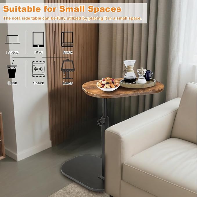 Side Table TV Tray for Couch,Height Adjustable 360° Swivel C Shaped End Table for Small Spaces,Bedside Bathroom Living Room (Vintage Brown)