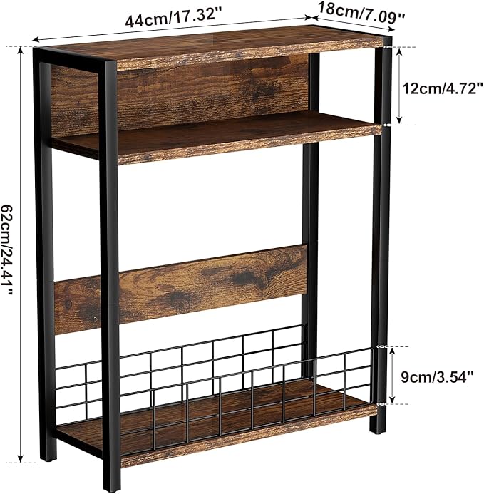 IBUYKE Narrow Side Table with Storage Shelf, 3 Tier End Table,Modern Sofa Table,Small Nightstand with Magazine Rack,Telephone Table for Small Spaces,for Living Room, Bedroom,Brown UTMZ001H