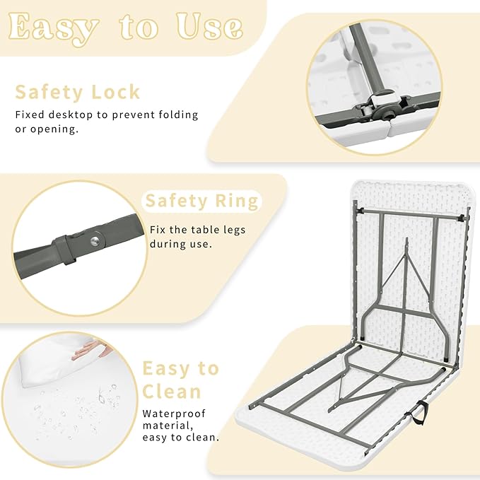 Set of 2 Folding Table 5 FT Camping Table Portable Heavy Duty Plastic Rectangular Outdoor Dining Table Steel Legs Fold-in-Half with Carrying Handle for Indoor,Picnic,Party,Wedding,Events(White)