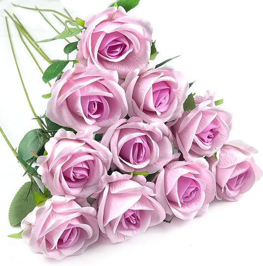 10 PCS Artificial Roses with Long Stems Silk Flowers Realistic Foam Flowers Fake Roses for Valentine's Day Home Wedding Halloween Decor(Light Pink)