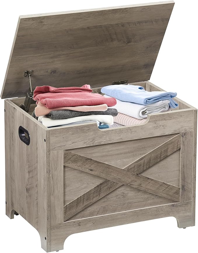 IDEALHOUSE Storage Bench, 23.6" Retro Wooden Storage Chest with 2 Safety Hinges, Loads 300 lb, Easy Assembly, Storage Ottoman Bench for Bedroom Entryway Living Room, Grey