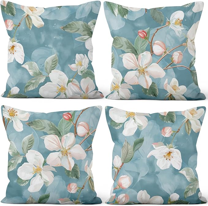 White Flowers Throw Pillow Covers 18"x18" Set of 4, Blooming Floral Couch Pillow Cases Spring Decorative Cushion Covers for Sofa Chair Bed Living Room Garden Farmhouse Car Indoor Outdoor