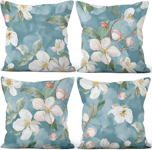 White Flowers Throw Pillow Covers 16''x16'' Set of 4, Blooming Floral Couch Pillow Cases Spring Decorative Cushion Covers for Sofa Chair Bed Living Room Garden Farmhouse Car Indoor Outdoor