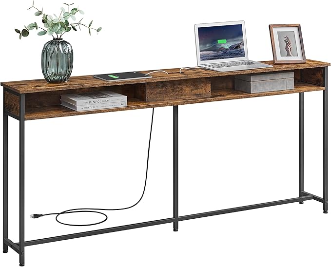 VASAGLE 70.9-Inch Console Table with Outlet and Shelves, Sofa Table with Charging Station, Behind Couch Table Skinny, Entryway Table for Hallway, Living Room, Rustic Brown and Ink Black ULNT118B01