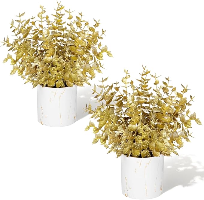 2 Pack Gold Artificial Eucalyptus Plant in Marble Pot, Faux Potted Greenery for Home Decor, Wedding Centerpiece, Christmas Table Decoration, Office Desk & Housewarming Gift