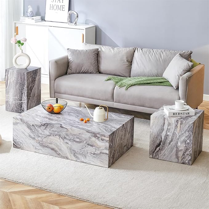 Coffee Table Set for 3, Living Room Table Set, Faux Marble Coffee Table and Side Tables for Home, Modern Wood Coffee Tables, Center Table and End Sides