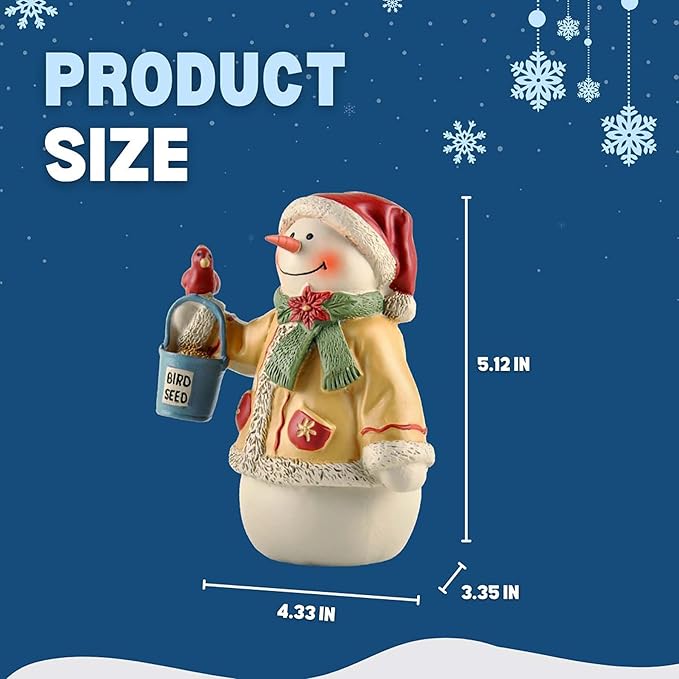 Snowman Figurine Christmas Decorations Indoor – Resin Snowman with Bird & Seed Bucket, Winter Tabletop Christmas Home Decor, Cute Seasonal Ornament for Holiday Display