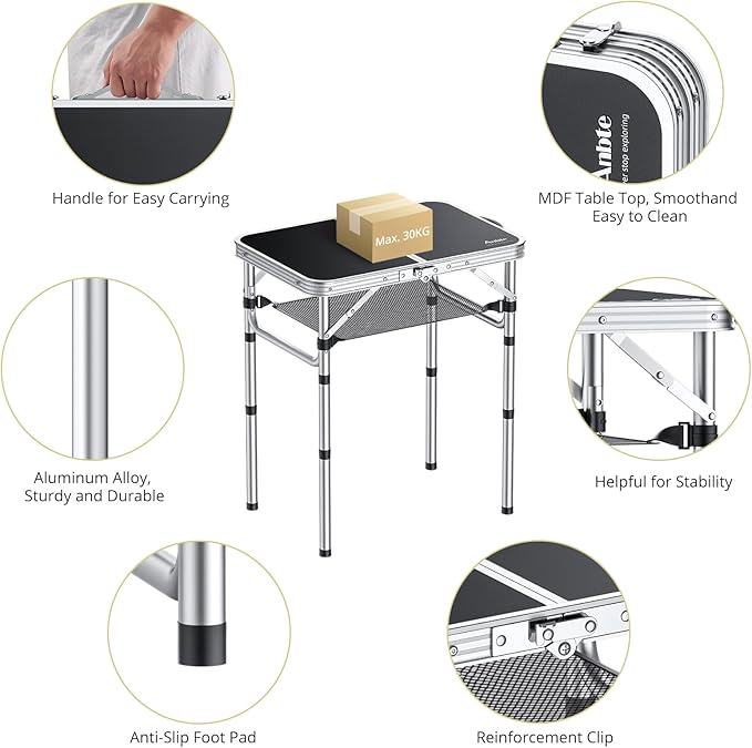 Anbte 2ft Camping Table Foldable, 3 Adjustable Heights 26.3" Aluminum Small Folding Table with Storage Net, Lightweight, Portable Handle for Travel Outdoor Beach Picnic, 23.2" x 16", Black