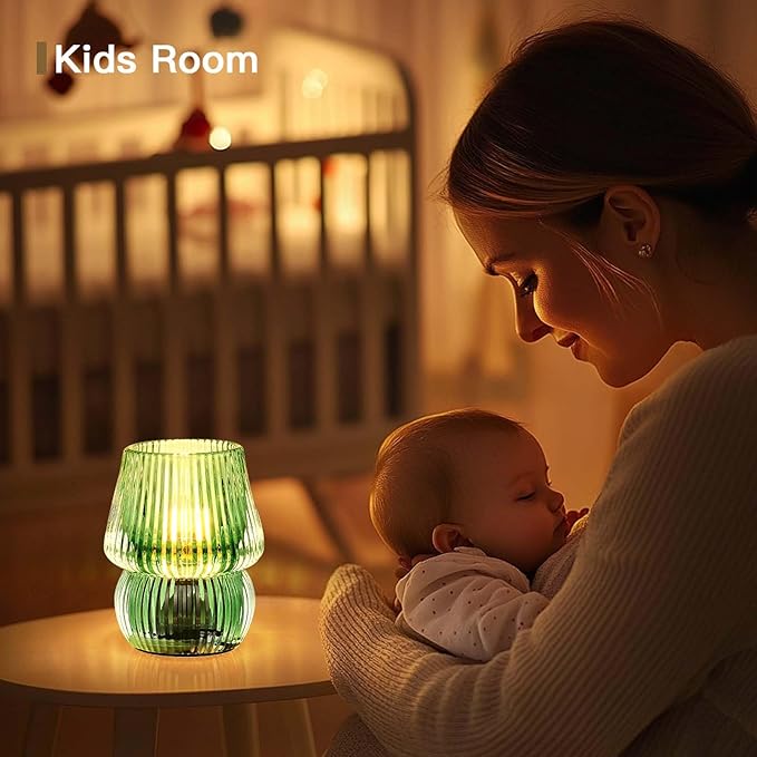 Battery Operated Lamp with Timer, Small Cute Cordless Glass Table Lamp for Home Decor, Kitchen, Bathroom, Birthday Gift for Women, Mushroom, Green