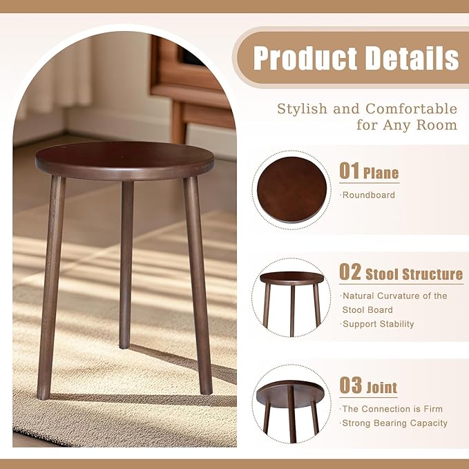 Walnut Side Table, Round End Table, Solid Rubberwood Small Accent Table, Drink Table with 3 Legs for Living Room, Bedroom, Balcony, and Small Spaces