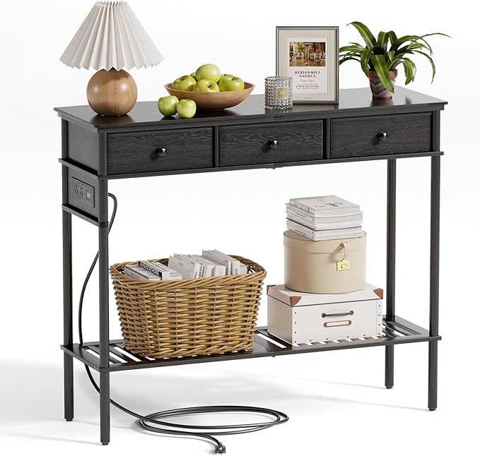 Entryway Table Sofa Console Table, Bamboo Small Entry Way Table with Drawers Storage and Power Outlets for Living Room, Hallway, Foyer, Entrance, Black