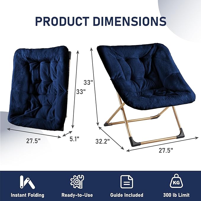 Comfy Oversized Saucer Chair, Soft Faux Fur Reading Lounge Chair for Adults, Stable X-Large Metal Frame and Non-Slip Pad, Foldable Cozy Chairs for Bedroom, Living Room, Dorm, Office, Blue