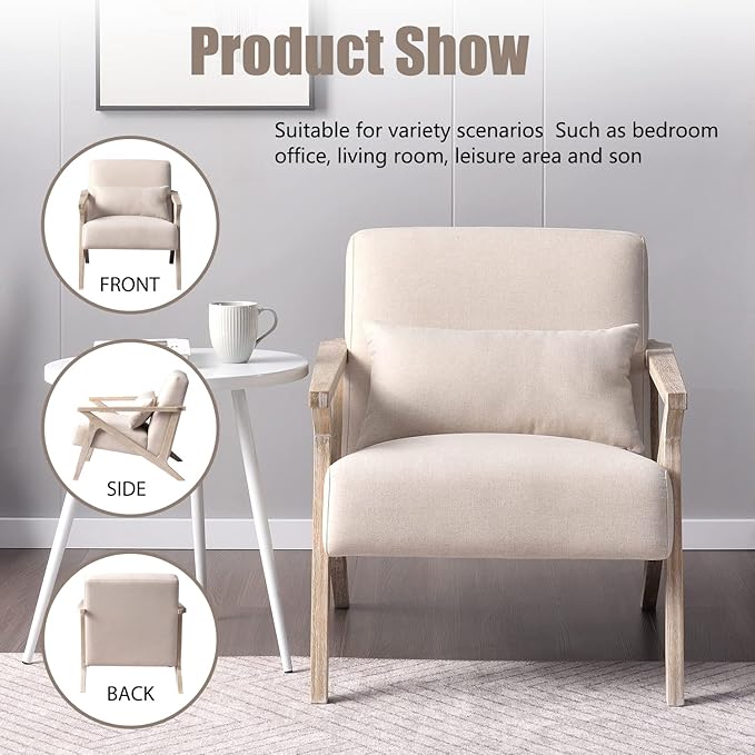 INZOY Mid Century Modern Chair with Wood Frame, Upholstered Armchair with Waist Cushion, Accent Chair for Living Room Bedroom Apartment, Easy Assembly, Beige