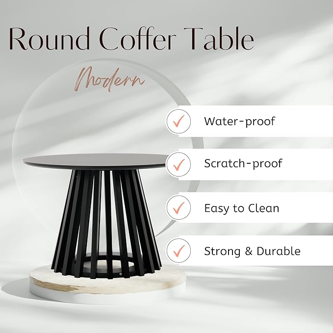 LukeAlon 24" Round Coffee Table, Mid Century Modern Wooden Center Table with Columnar Wood Strips Base Sofa Side Table Circle Tables for Living Room Small Space, Black