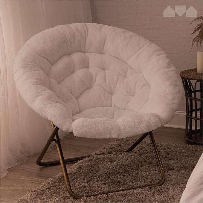 Milliard Saucer Chair For Adults, Teens & Kids, White, Faux Fur XL Circle Chair for Bedroom, Dorm & Gaming, Foldable Comfy Accent Seat for Small Spaces, Folding Moon / Mushroom / Round Oversized Style