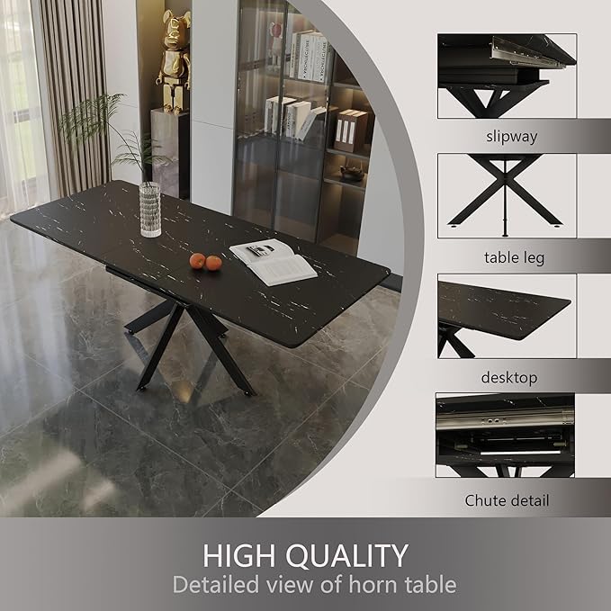 Marble Dining Table for 4-8, 62.4''-78.15'' Extendable Dining Table, Modern Kitchen Table, Space Saving Rectangular Table for Office and Dining Room(Black)