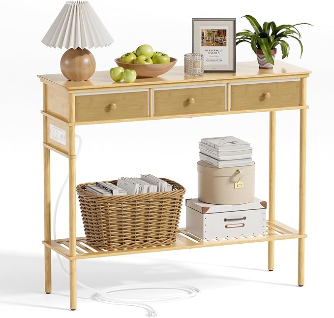 Entryway Table Sofa Console Table, Bamboo Small Entry Way Table with Drawers Storage and Power Outlets for Living Room, Hallway, Foyer, Entrance