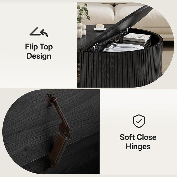 Mid Century Round Coffee Table, Fluted Center Table with Sliding Door, Modern Dining Table with Storage for Home Living Room Office, 31.5", Black