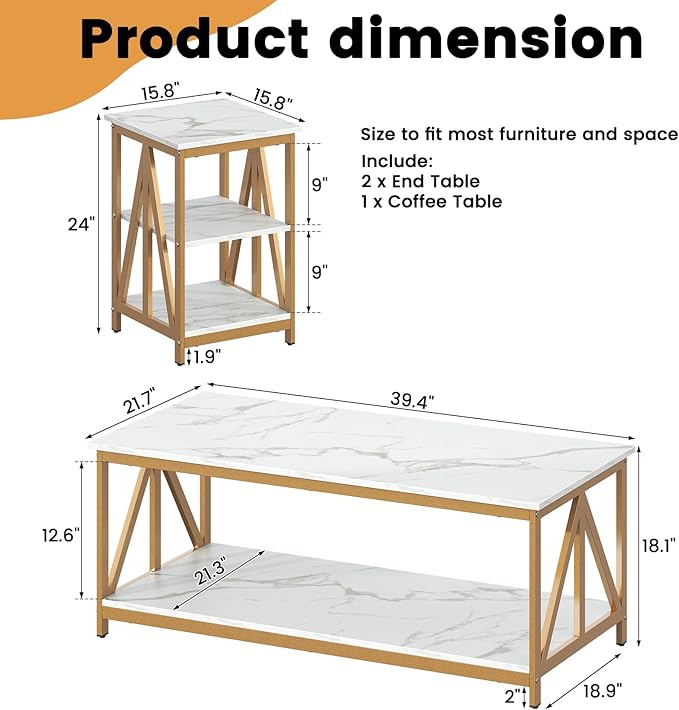 Bigbiglife Living Room Coffee Table Set of 3, Industrial Triangular-Design Coffee Table and 2 End Side Tables, 3 Piece Living Room Table Set with Large Storage for Apartment Home (Marble White)