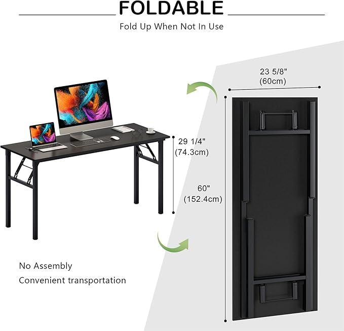 Need Folding Computer Desk, Large 60 inches Folding Table for Home Office, No Install Needed Foldable Writing Table Desk, Black
