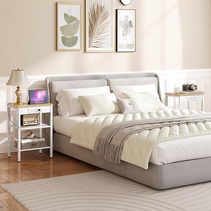 HOOBRO Side Table with Charging Station and USB Ports, Small End Table for Small Space, 3-Tier Nightstand with Adjustable Shelf, for Living Room, Bedroom and Balcony, Natural and White WN112BZ01