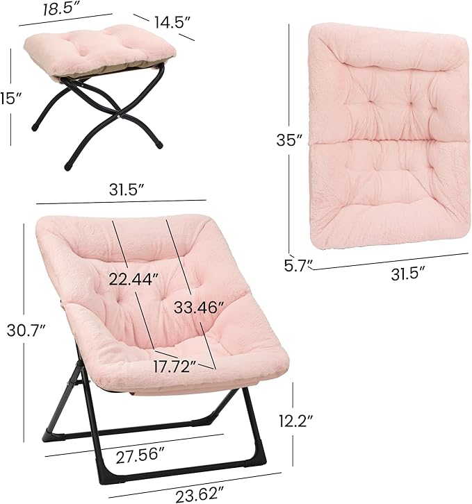 Comfy Saucer Chair for Adults, Soft Faux Fur Bedroom Chair with Ottoman, Accent Dorm Chairs, Living Room Reading Chairs and Footstool, Folding Lounge Seat for Teens, X-Large, Light Pink