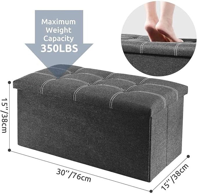 YOUDENOVA 30 inches Folding Ottoman, Ottoman with Storage Footrest Seat Support 350lbs, Storage Bench for Living Room Bedroom, Linen Fabric Grey