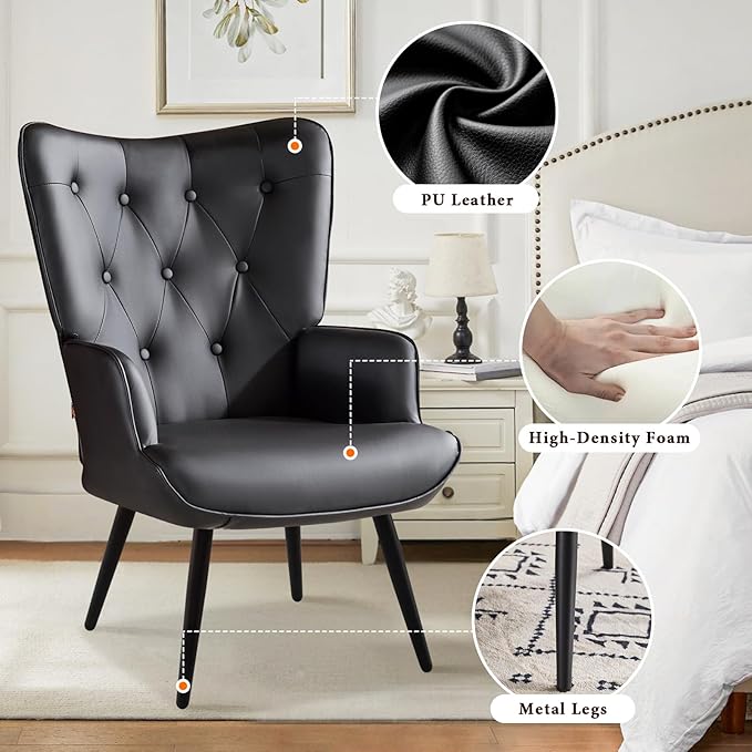 Furniliving PU Leather Accent Chair with Ottoman, Upholstered Reading Chair with High Backrest, Tufted-Button Wingback Armchair for Bedroom, Dressing Room, Home Office, Black