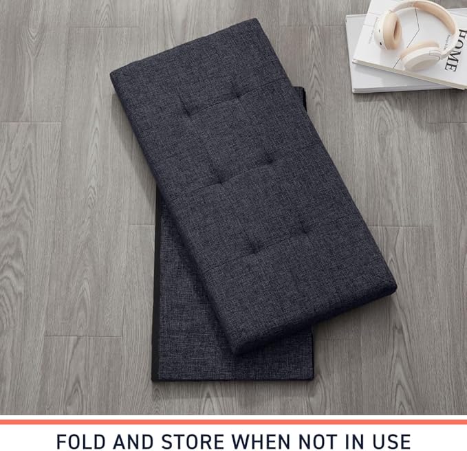 Ornavo Home Foldable Tufted Linen Large Storage Ottoman Bench Foot Rest Stool/Seat - 15" x 30" x 15" (Black)
