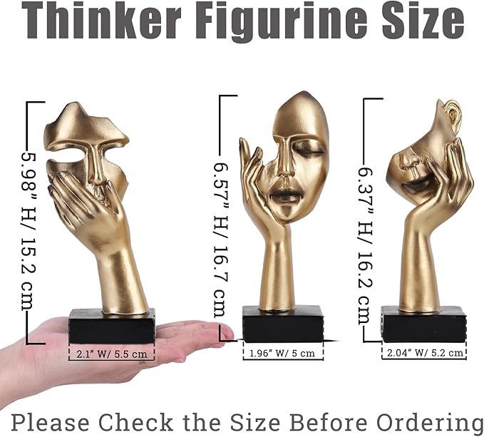 3 Pcs Thinker Small Statue Set - Black Gold Home Decor Abstract Art Figurines for Shelves, Living Room Coffee Table, Office Desktop (3 Pcs Gold, 6")