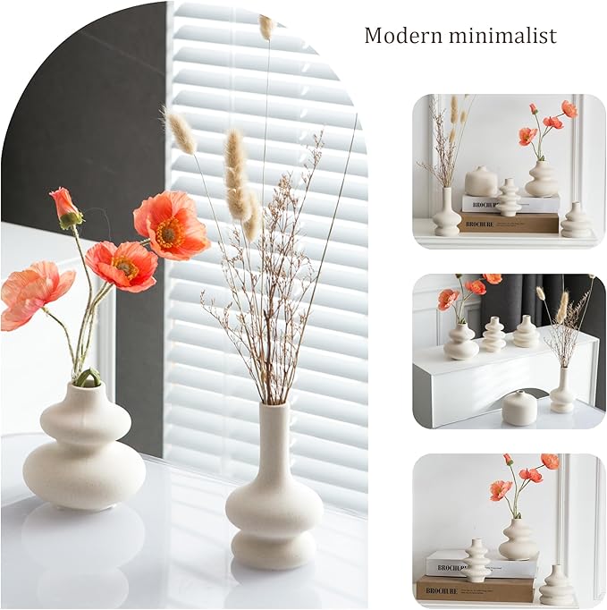 JOJUNO White Bud Vases, Small Ceramic Vase Set of 5, Mini Pottery Vases for Flowers, Decorative Vases for Home Modern Decor, Boho Decor, Chic Vases for Living Room Dining Table Shelves