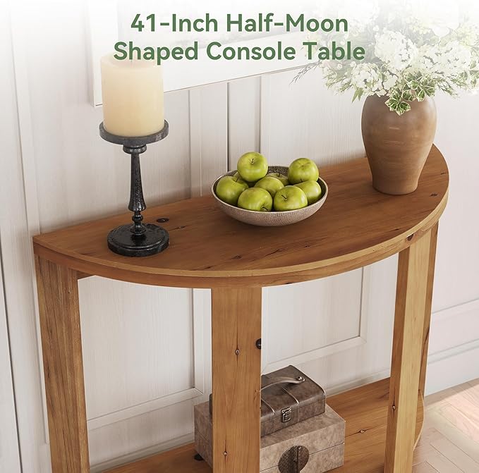 Solid Wood Half-Moon Console Table for Entryway, 41.3" Farmhouse Small Hallway Entry Accent Table with 2-Tier Storage for Living Room, Foyer, Entrance, Easy Assembly