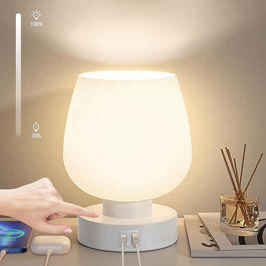 Touch Bedside Lamp, Mini Stepless Dimmable Table Lamps for Bedroom for Night Stands, Small Desk Lamp with Brightness Memory, USB Charging Ports, Warm LED Bulb, White, Round Shape, 1 Set