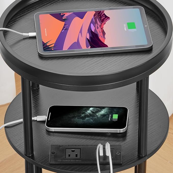 Small Round Side Table with Charging Station for Small Spaces, 3-Tier Accent Table with USB Ports & Power Outlets, Sofa Corner Tea Table for Living Room Nightstand Bedroom Apartment (Black)