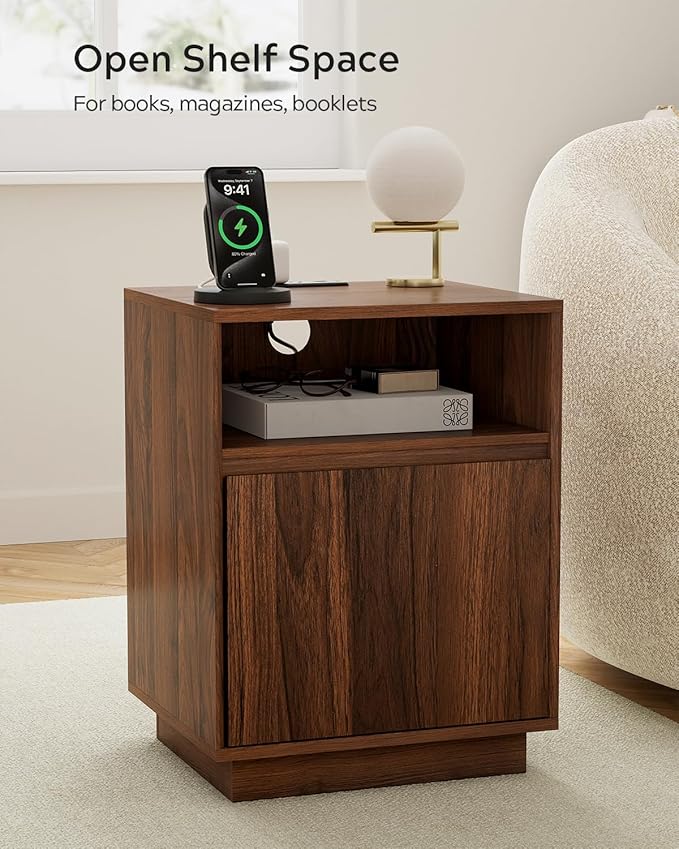 Farmhouse End Table Charging Station Set of 2, Wood Storage Nightstand with Door & Open Shelf, Bedside End Tables for Bedroom, Sofa, Brown