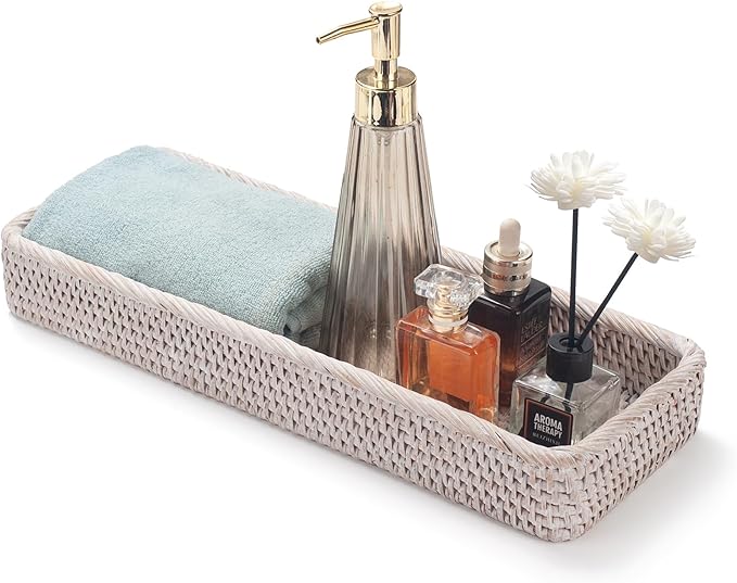 Rattan Bathroom Vanity Trays Toilet Tank Baskets Long Narrow Hand Towel Storage Basket for Storage, Decorative (Whitewash 16.3 x 6.1 x 2 inch)