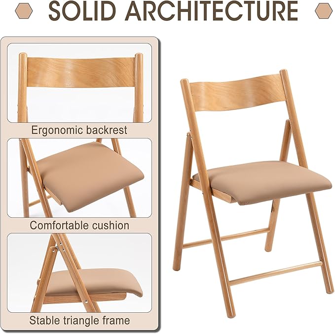 Folding Chairs Set of 4, Wooden Foldable Dining Chairs with Faux Leather Cushion 4-Pack Portable and Stackable Chairs for Dining Kitchen Office Wedding Picnic(Khaki,4Pack)