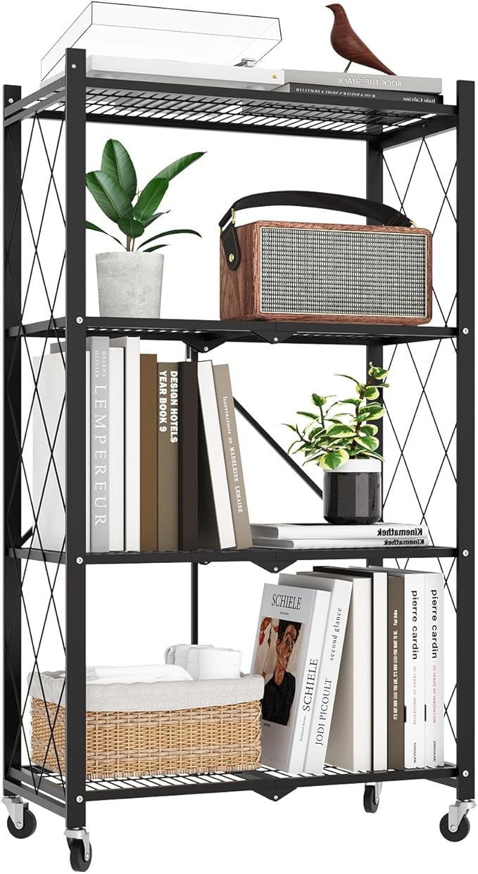 50" H 4 Tier Foldable Storage Shelf with Wheels, Folding Shelving Loads 400 LBS, Metal Steel Garage Shelves, Rolling Standing Utility Rack for Kitchen, Pantry, Office, Black