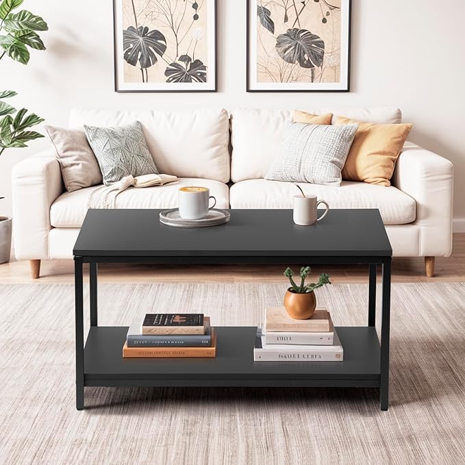 ZenStyle Industrial Coffee Table with Storage Shelf for Living Room, Wood Look Accent Furniture with Vintage Wooden Board Stable Metal Frame Cocktail Table 2-Tier Tea Table