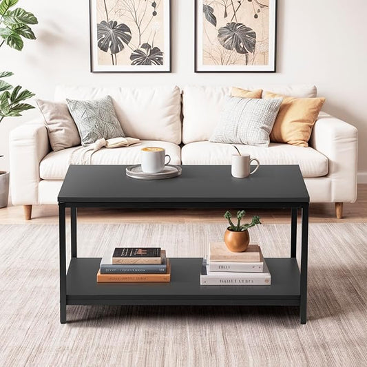 ZenStyle Industrial Coffee Table with Storage Shelf for Living Room, Wood Look Accent Furniture with Vintage Wooden Board Stable Metal Frame Cocktail Table 2-Tier Tea Table