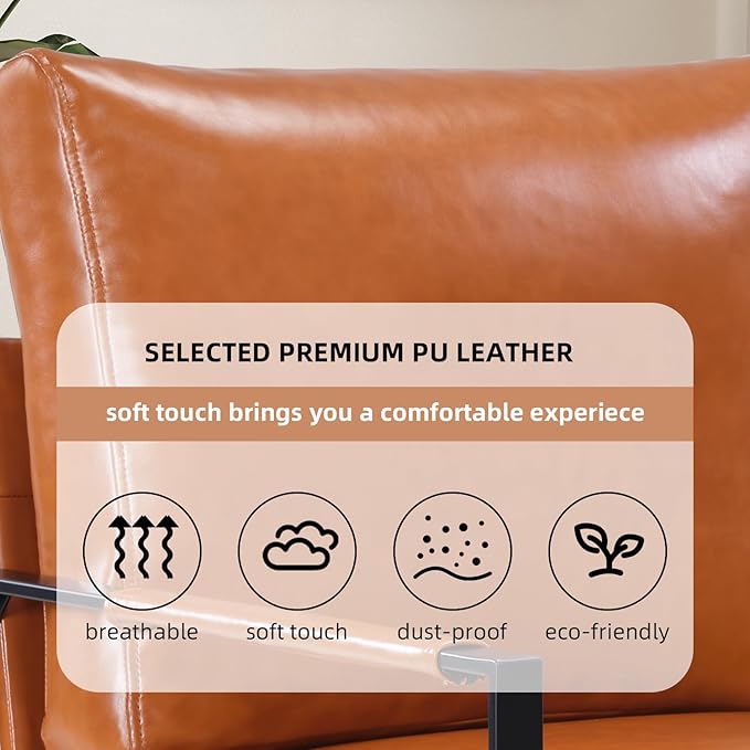 INZOY Mid Century Modern Accent Chair with Removable Cushions Set of 2, Comfy PU Leather Living Room Chairs with Thicker Backrest and Cushion, Metal Frame Design, Brown