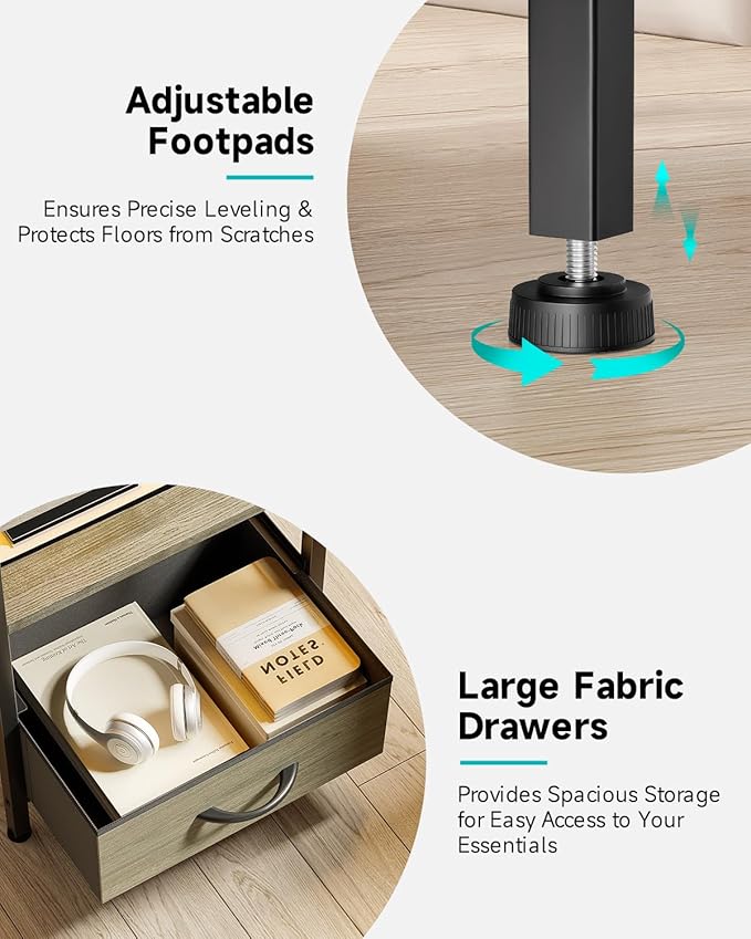 Night Stand Bedside Charger Bedroom - Grey Nightstand with Charging Station & LED Light Strip, Morden End Table with USB Ports & AC Outlets, Night Stand with Storage Shelf & 2 Fabric Drawers