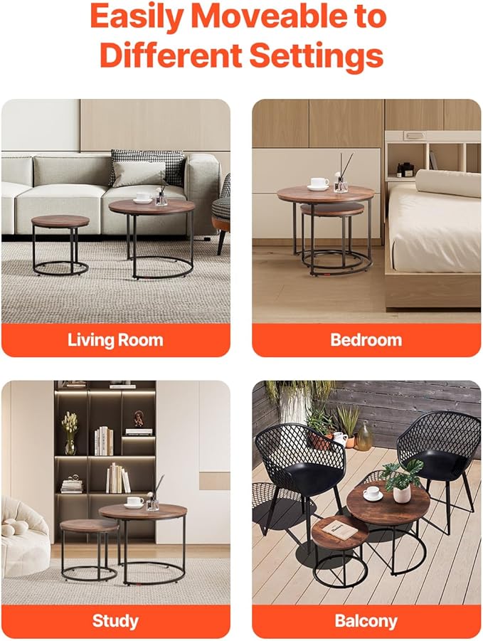 VEVOR Nesting Tables, Coffee Table Set of 2, 23.6 inch Round Coffee Table, Small Coffee Tables Night Stand with Metal Frame, for Living Room, Bedroom, Office (Brown & Black)