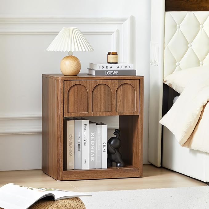 Nightstand Set of 2, 19.69" Wide Bedside Table with Arched Finish, Modern Night Stands with Curved Profile, Mid Century End Table for Bedroom Living Room (Walnut-2 Packs)